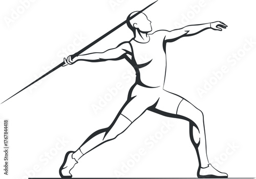 A dynamic illustration of a male athlete throwing a javelin in a competitive setting.