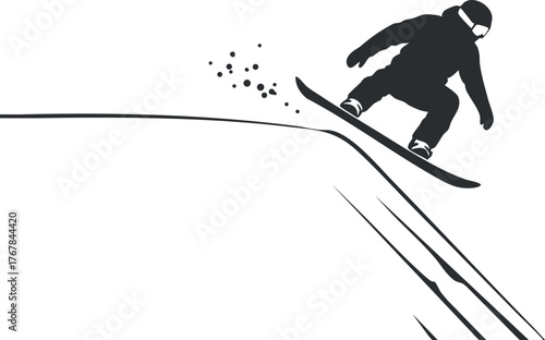 A silhouette of a snowboarder performing a jump on a snowy slope capturing winter sports excitement.