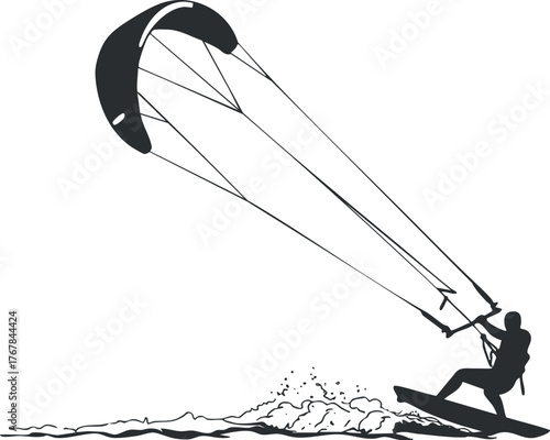 A silhouette of a kitesurfer riding the waves and enjoying the thrill of the sport.