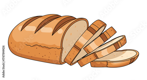A cartoon image shows a loaf of wheat bread partially sliced. The bread has a golden-brown crust and soft interior.