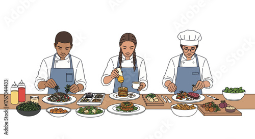 Three Professional Chefs Plating Diverse Gourmet Dishes.