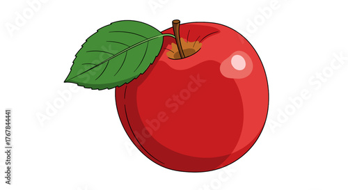 A vibrant, illustrated red apple stands out with its single green leaf against a stark transparent background, simple design.