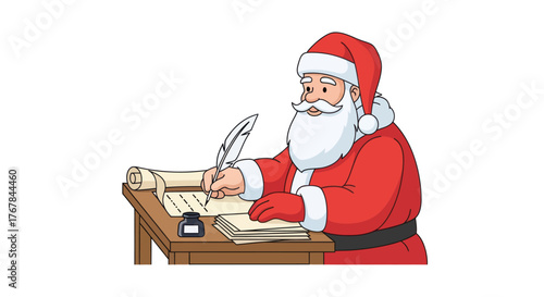 Jolly Santa Claus Writing with Quill Pen at Desk.