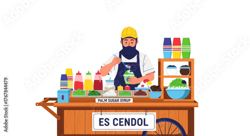 Traditional Indonesian Es Cendol Street Vendor Illustration.