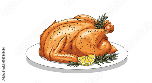 A cartoon of a fully roasted bird, seasoned with pepper and herbs, served on a white plate with rosemary and lemon.
