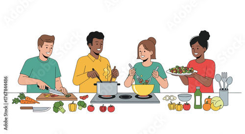 Group of friends cooking together preparing healthy meal with fresh vegetables and ingredients.