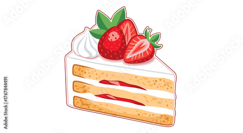 A delightful slice of layered cake adorned with fresh strawberries, leaves and whipped cream topping. Very appetizing.