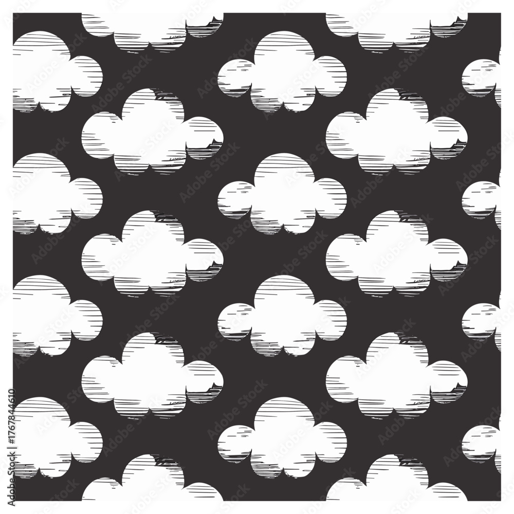 Obraz premium This minimalist design showcases fluffy, sketched clouds scattered evenly across a solid dark background. The clouds are depicted with simple, expressive lines that give them a hand-drawn.