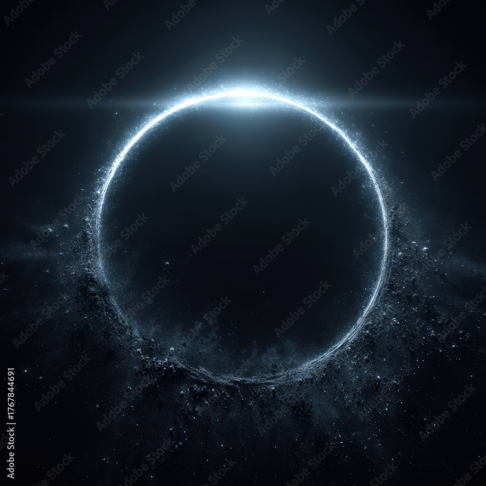 Obraz premium Thin silver icy halo with subtle inner glow and frost motes on black background
