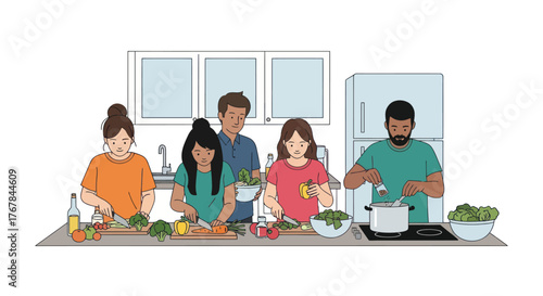 Family Cooking Together in a Bright Modern Kitchen Preparing Food.