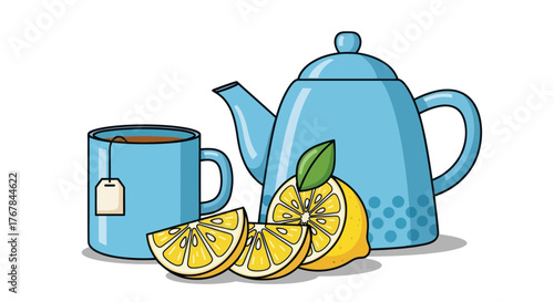 Blue Teapot Mug with Tea Bag and Fresh Lemon Slices Illustration.