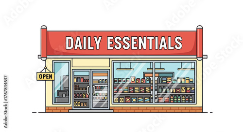 A charming illustration of a Daily Essentials convenience store with a bright red awning and open sign.
