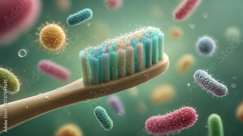 Toothbrush and Microbes. Close-up of a toothbrush with floating microbes