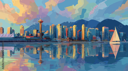 Cityscape of Vancouver, city of Canada, attractive touristic advertisement poster, beautiful touristic must-see destination. Beautiful tourist destination. Big city in Canada. Modern skyscrapers and m