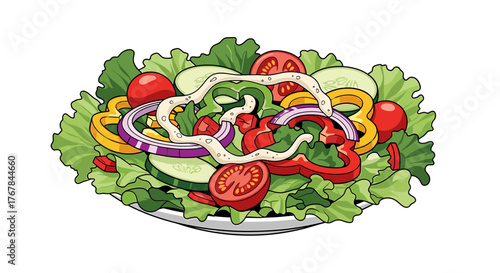 A vibrant and healthy salad, brimming with fresh ingredients and a creamy dressing,  making it a visually appealing and tasty meal.