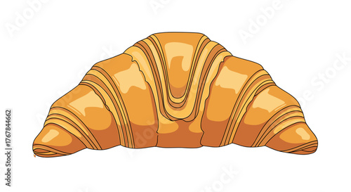 A golden-brown, flaky croissant sits against a transparent background, tempting viewers with its layers and buttery appeal.