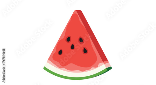 A vibrant slice of watermelon featuring a bright red flesh, dark seeds, a white rind, and green skin is isolated.