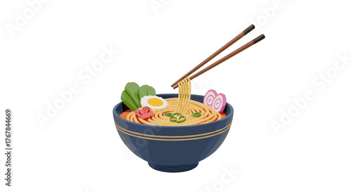Steaming bowl of noodle soup with delicious toppings served with a pair of chopsticks ready to be eaten and enjoyed.