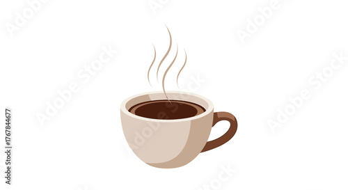 A steaming cup of dark coffee in a light-colored mug. The illustration is simple, set against a transparent background.