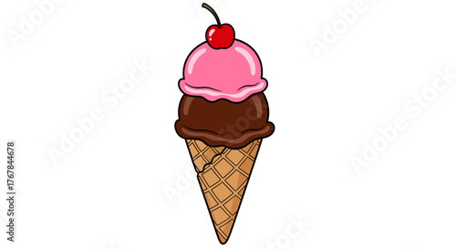 An ice cream cone with a chocolate scoop, a strawberry scoop on top, and a cherry on top of the ice cream.