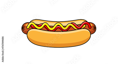 A scrumptious hotdog is smothered in ketchup and mustard, nestled in a soft bun against a sleek transparent background.
