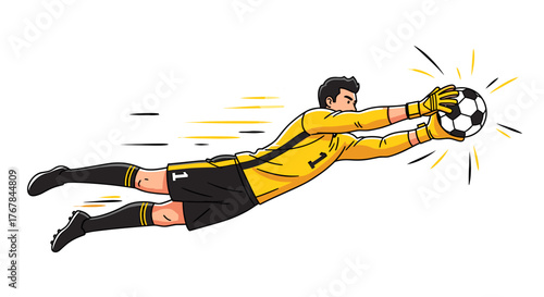 Goalkeeper in action, dives dynamically to save the ball, showcasing agility and skill on the field.