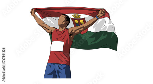 Athlete triumphantly raises the flag, celebrating victory and national pride, arms raised in a gesture of accomplishment.