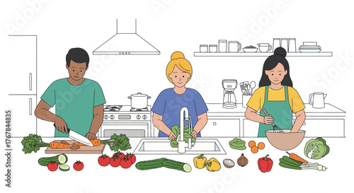 Diverse Group Cooking Healthy Fresh Vegetables Together in a Modern Kitchen.