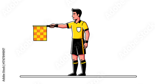 A sports official stands on the field signaling an offside with a checkered flag in this vector illustration.