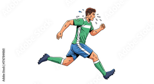 A soccer player is running very fast, he is sweating and trying to win the game and score a goal for his team.