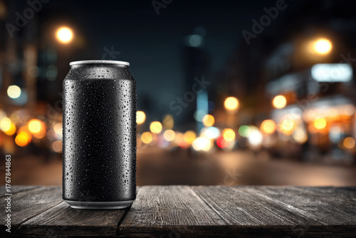Cold aluminum beverage can with condensation on bar counter and blurred bokeh background