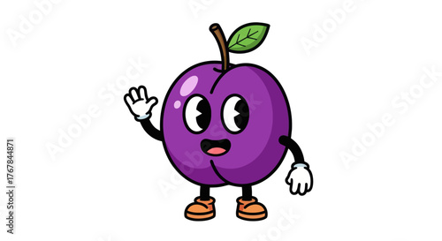 Cartoon Plum Character with Smiling Face and Waving Hand.