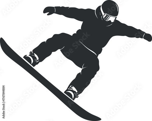 A dynamic silhouette of a snowboarder performing a jump in a winter landscape.