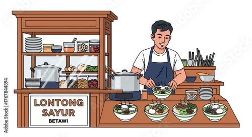 Lontong Sayur Vendor: A man preparing and selling traditional Indonesian rice cake dish.