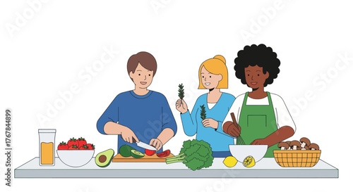 Three People Preparing Food Together on Kitchen Counter.