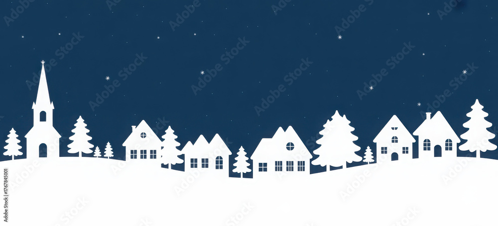 Naklejka premium Winter village landscape illustration white silhouette on blue background with stars perfect for Christmas cards and holiday designs