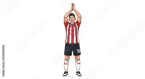 Cartoon soccer player in uniform with number 10 clapping to celebrate on the soccer field with a happy expression