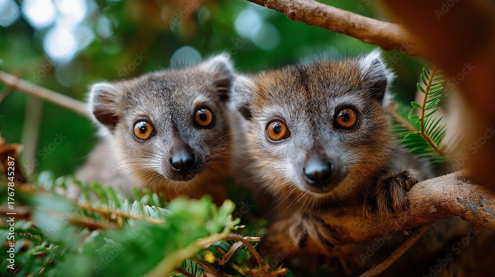 Obraz premium Lemurs leaping between branches in Madagascar forest, curious eyes, Africa, lemurs, rainforest, wildlife, Madagascar, nature, primates, with copy space