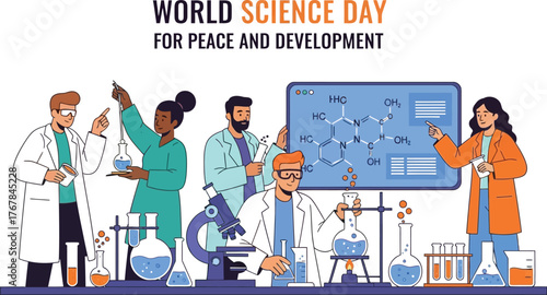 Diverse scientists celebrating world science day for peace and development team of researchers in lab coats