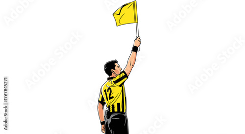 Assistant referee signals with a yellow flag raised high, indicating an offside or other infringement on the soccer field.