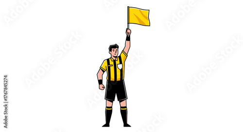 Referee with a yellow flag in a black and yellow uniform, making a call in a sports game or match event.