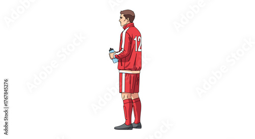 A soccer player in a red and white uniform holds a water bottle. His profile is set against a transparent background.
