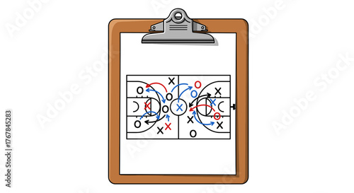 Clipboard displaying a basketball game plan, with X's and O's illustrating player movements and strategic positions.
