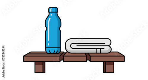 Illustration of a blue water bottle and a neatly folded white towel sitting on a brown wooden bench, minimalism.