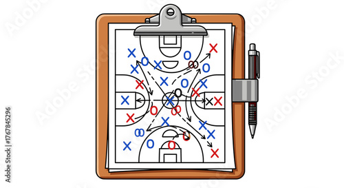 Clipboard showcasing basketball strategy with player positions marked by x's and o's, along with planned movements.