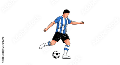 Dynamic soccer scene showing a player mid-kick, focused & energetic, against a transparent background. Illustrating power and skill.