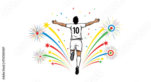 The triumphant soccer player in white, number 10, celebrates victory amid confetti and fireworks, embodying success.