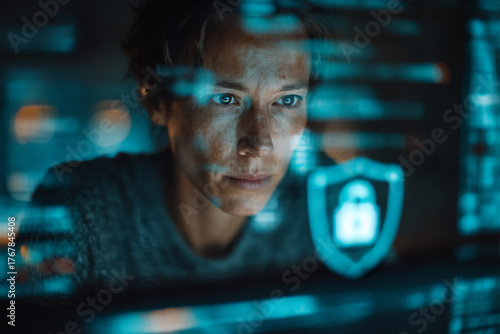 Futuristic Coding. A person focused on digital screens with holographic data