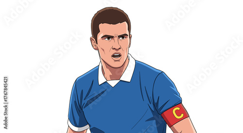 Captivating cartoon illustration showcases a sportsman in a blue jersey with a focused gaze during a game.