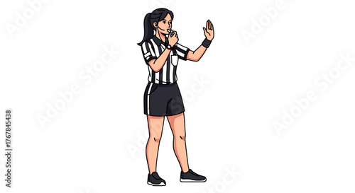 A stern referee signals a foul with a whistle, dressed in the iconic black and white stripes and athletic shoes.